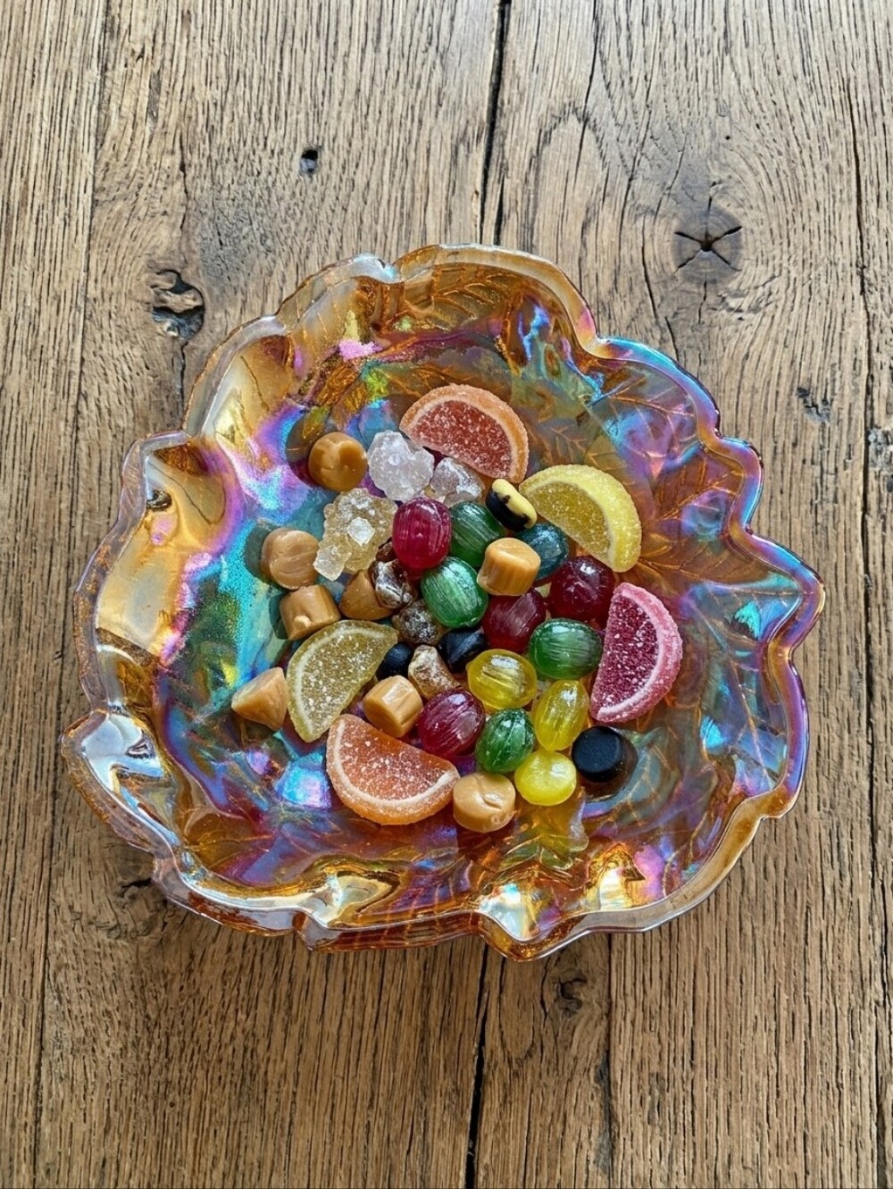 Marigold Iridescent Loganberry Leaf Glass Bowl/Indiana Glass